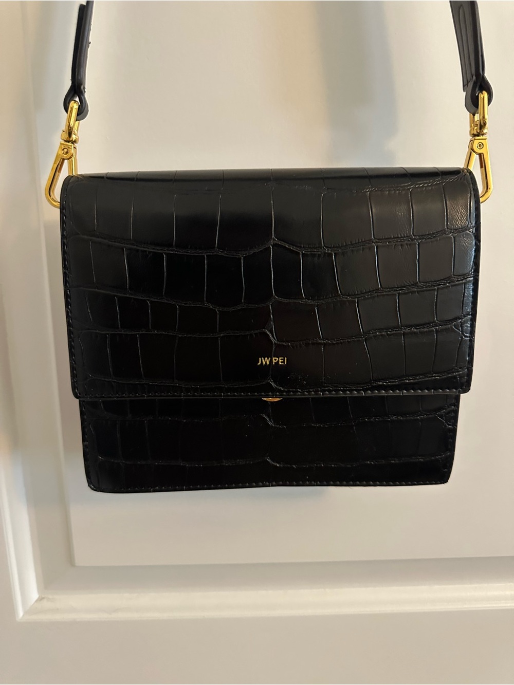 JW PEI Black Croc-Embossed Crossbody Bag with Gold Hardware